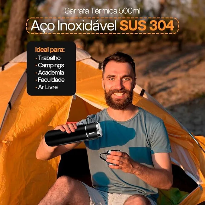 Garrafa Térmica Premium 500ml - Café Quente Sempre com Você (Ganhe 2 Xícaras + Caixa Para Presente)