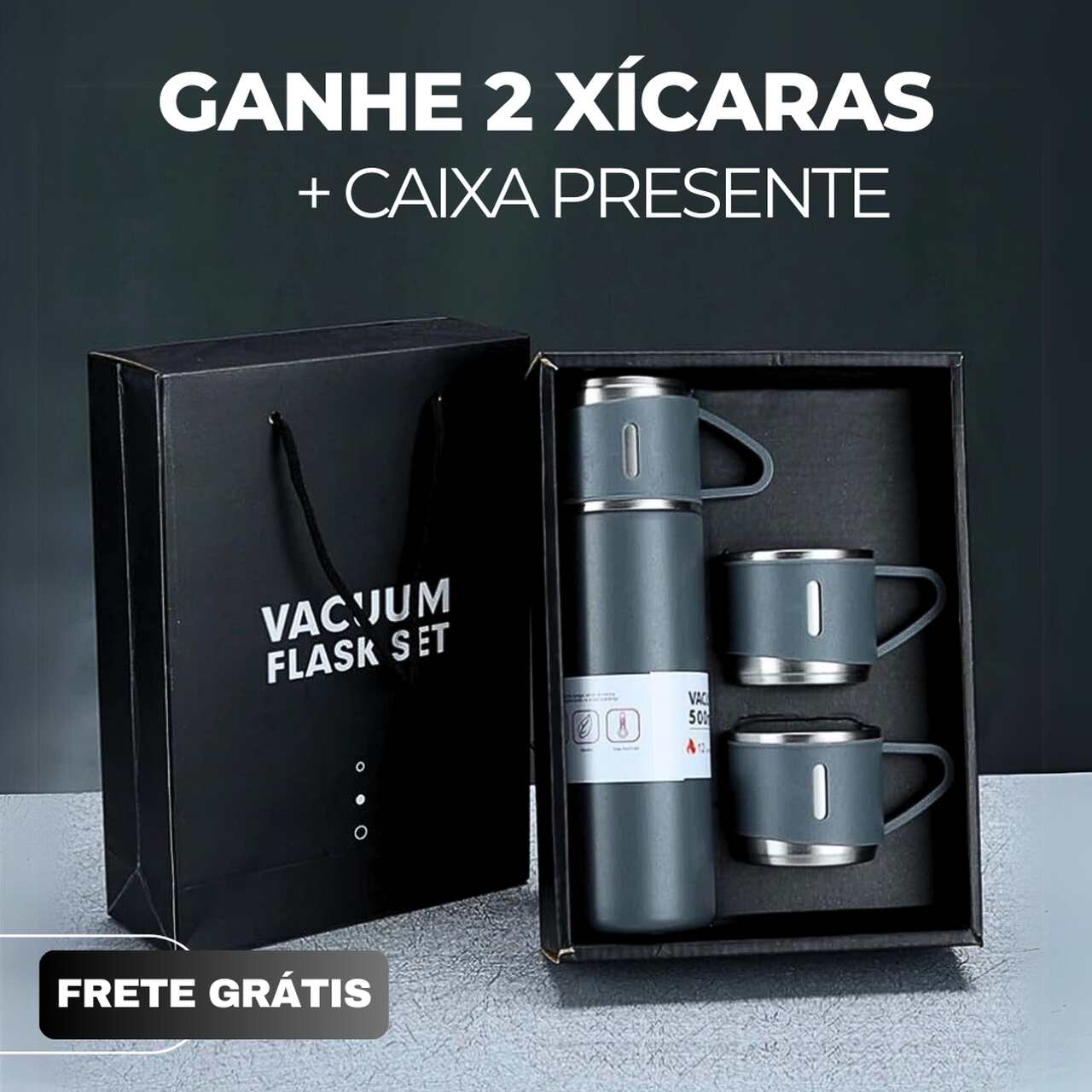 Garrafa Térmica Premium 500ml - Café Quente Sempre com Você (Ganhe 2 Xícaras + Caixa Para Presente)
