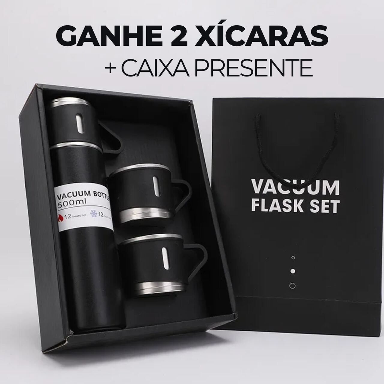 Garrafa Térmica Premium 500ml - Café Quente Sempre com Você (Ganhe 2 Xícaras + Caixa Para Presente)