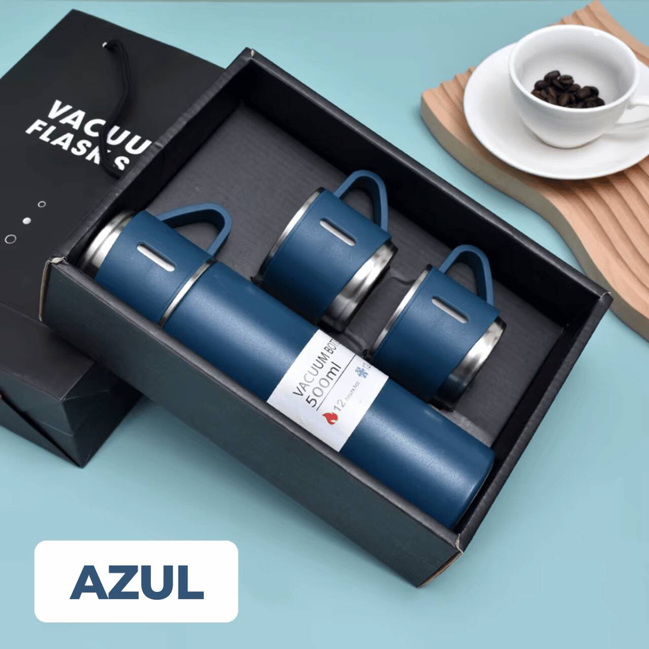 Garrafa Térmica Premium 500ml - Café Quente Sempre com Você (Ganhe 2 Xícaras + Caixa Para Presente)