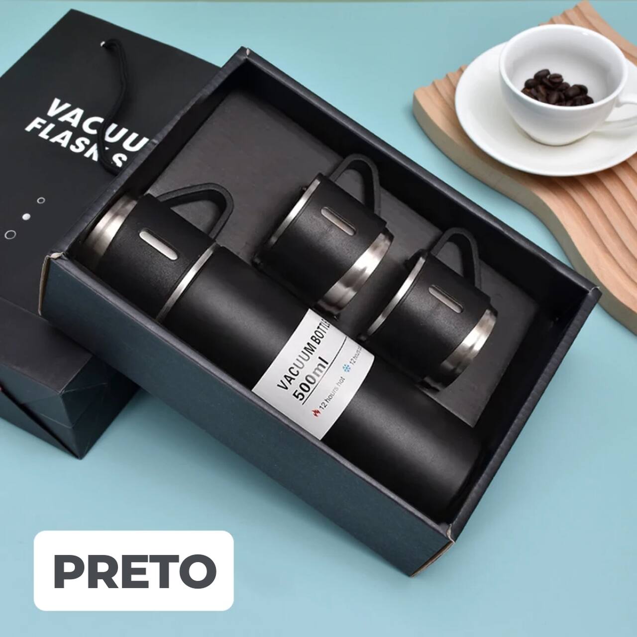 Garrafa Térmica Premium 500ml - Café Quente Sempre com Você (Ganhe 2 Xícaras + Caixa Para Presente)