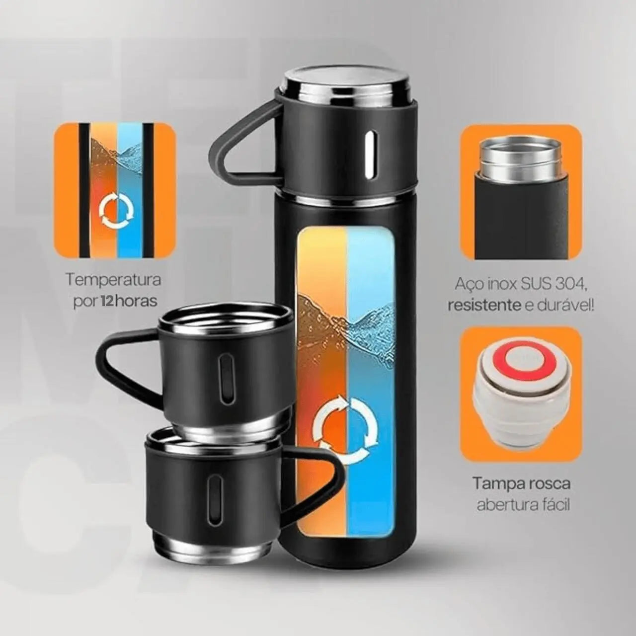 Garrafa Térmica Premium 500ml - Café Quente Sempre com Você (Ganhe 2 Xícaras + Caixa Para Presente)