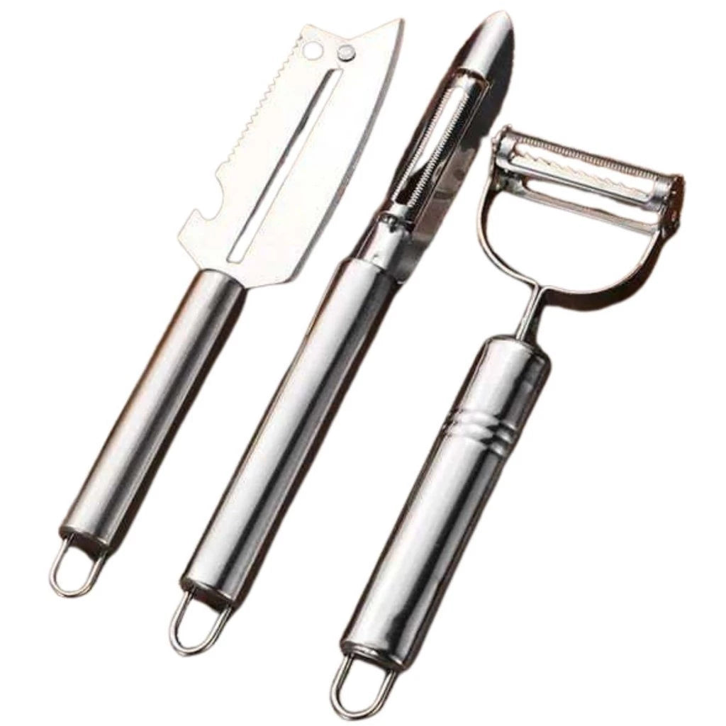 Descascador de Legumes em Aço Inoxidável – Praticidade, Durabilidade e Elegância para Sua Cozinha (KIT 3 PEÇAS)