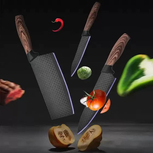 Kit de Facas e Utensílios em Aço Inoxidável – Cabo Madeira Elegante (6 peças)