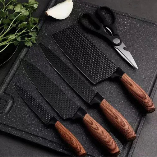 Kit de Facas e Utensílios em Aço Inoxidável – Cabo Madeira Elegante (6 peças)