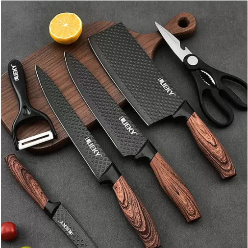 Kit de Facas e Utensílios em Aço Inoxidável – Cabo Madeira Elegante (6 peças)